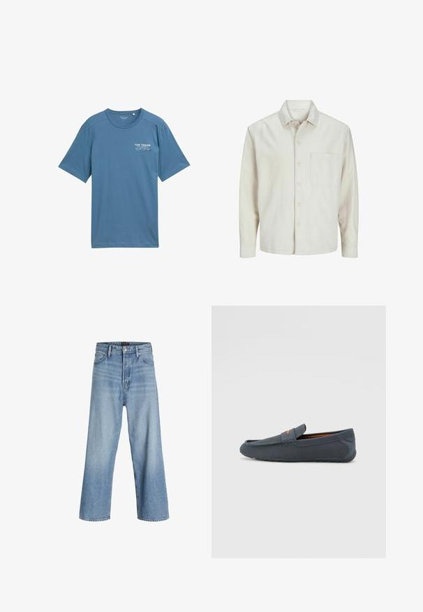 Beige painasärk, mis on valmistatud puuvillast, klassikalise kraega, pika varrukaga, ühe rinna taskuga ja lõdva lõikega. Sile, pehme tekstuur.; Sininen puuvillapaita lyhyillä hihoilla, pyöreällä kaula-aukolla ja huomaamaton painettu logo vasemmassa rinnassa. Pehmeä rakenne, rento mitoitus.; Vaaleansiniset leveälahkeiset farkut, joissa on korkeavyötärö, klassinen viisi-taskumalli ja napp closure, jossa on vetskari.; Harmaat rei'itetyt loaferit, joissa on liukuva malli, oranssi yksityiskohta, pyöreä kärki ja teksturoitu kumipohja.