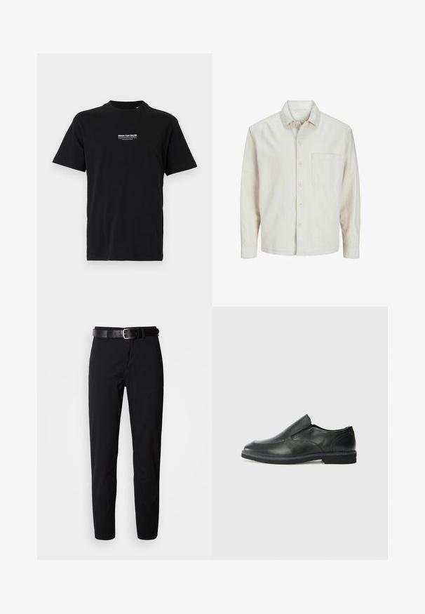 Beige overhemd met knopen, gemaakt van katoen, met een klassieke kraag, lange mouwen, één borstzak en een comfortabele pasvorm. Glad, zacht textuur.; Zwart katoenen t-shirt met ronde hals, korte mouwen en een klein wit bedrukte logo op de linkerborst. Eenvoudige snit, geen extra patronen.; Zwarte broek met een rechte snit, voorzien van een zachte textuur en een zwarte leren riem met een zilveren gesp. Eenvoudig ontwerp, zonder patronen of accenten.; Zwarte leren instapper met een soepele bovenkant, gestikte accenten, ronde neus en een lage rubberen hak. De zool heeft minimale profiel.