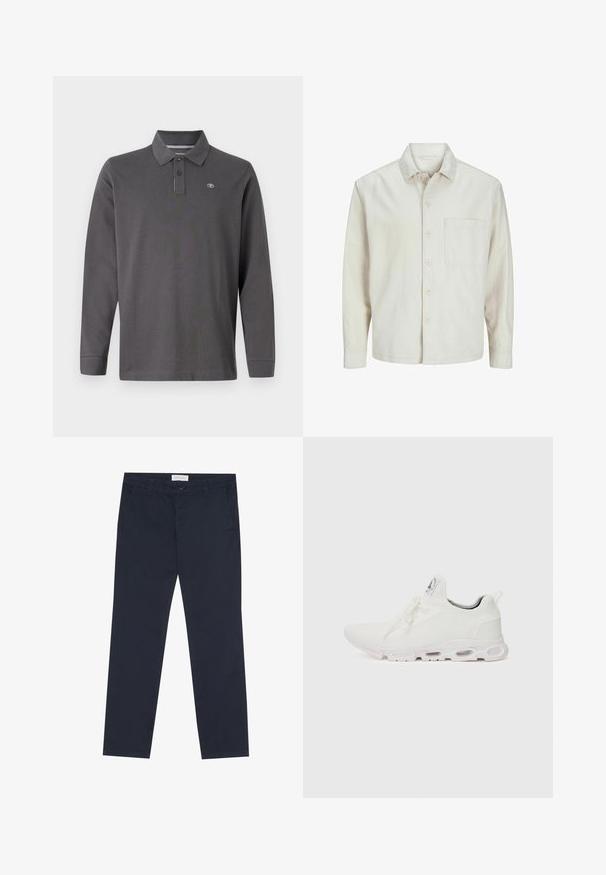 Beige overhemd met knopen, gemaakt van katoen, met een klassieke kraag, lange mouwen, één borstzak en een comfortabele pasvorm. Glad, zacht textuur.; Langarm polo shirt in donkergrijze katoen, met een kraag, drie knopen en een klein logo op de linkerkant van de borst.; Marineblauwe chino's van katoen met een gladde textuur, voorzien van een ritssluiting, riemlussen en zijzakken voor functionaliteit.; Witte sportieve schoenen met een gestructureerde gebreide bovenkant, platte veters en een gevoerde zool met zichtbare luchtkamers voor extra ondersteuning.