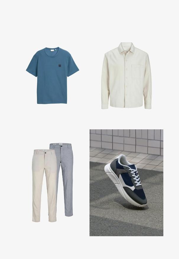 Beige painasärk, mis on valmistatud puuvillast, klassikalise kraega, pika varrukaga, ühe rinna taskuga ja lõdva lõikega. Sile, pehme tekstuur.; Sininen lyhythihainen t-paita strukturoidusta kankaasta, jossa on pyöreä kaula-aukko ja neliömäinen logopatch vasemmassa rinnassa.; Haal beige ja hemelblauwe broeken van stof, met een gladde textuur, rechte snit, riemlussen en knoopsluiting.; Kengät, joissa on tummansininen verkkopäällinen, harmaat mokka-yksityiskohdat, valkoinen kumipohja ja litteät valkoiset nauhat, suunniteltu mukavuutta ja hengittävyyttä varten.