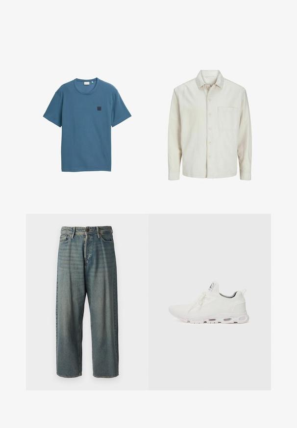 Beige pogrieta krekls no kokvilnas ar klasisku apkakli, garām piedurknēm, vienu krūšpocketu un brīvu piegriezumu. Gluda, maiga tekstūra.; Zila īsām piedurknēm T-krekls no teksturētas auduma, ar apaļu kakla izgriezumu un kvadrātveida logotipa uzšuvumu kreisajā krūtī.; Gaiši zili džinsi ar brīvu piegriezumu, vidējo jostas augstumu un taisnām kājām. Satur piecas kabatas, jostas cilpas un pogu aizdari.; Baltas sporta apavi ar teksturētu adītu augšdaļu, platiem auklām un mīkstinātu zoli ar redzamām gaisa kamerām papildu atbalstam.