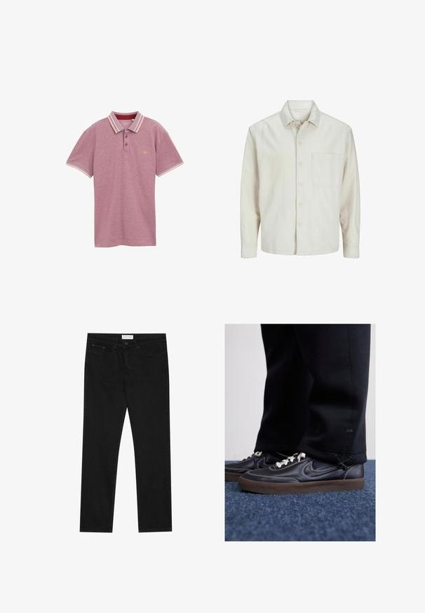 Beige overhemd met knopen, gemaakt van katoen, met een klassieke kraag, lange mouwen, één borstzak en een comfortabele pasvorm. Glad, zacht textuur.; Bordeaux polohemd, korte mouwen, gebreide stof, met twee-knops sluiting, gestreepte kraag en mouwmanchetten in contrasterende kleuren, logo op de borst.; Zwarte straight-leg jeans met een vijf-pocket ontwerp, knoop- en ritssluiting, en een Pier One merklabel op de tailleband.; Nike Sportswear KILLSHOT 2 LTR PRM OPP2 - Sneakers laag - black sail baroque brown mtlc dk grey