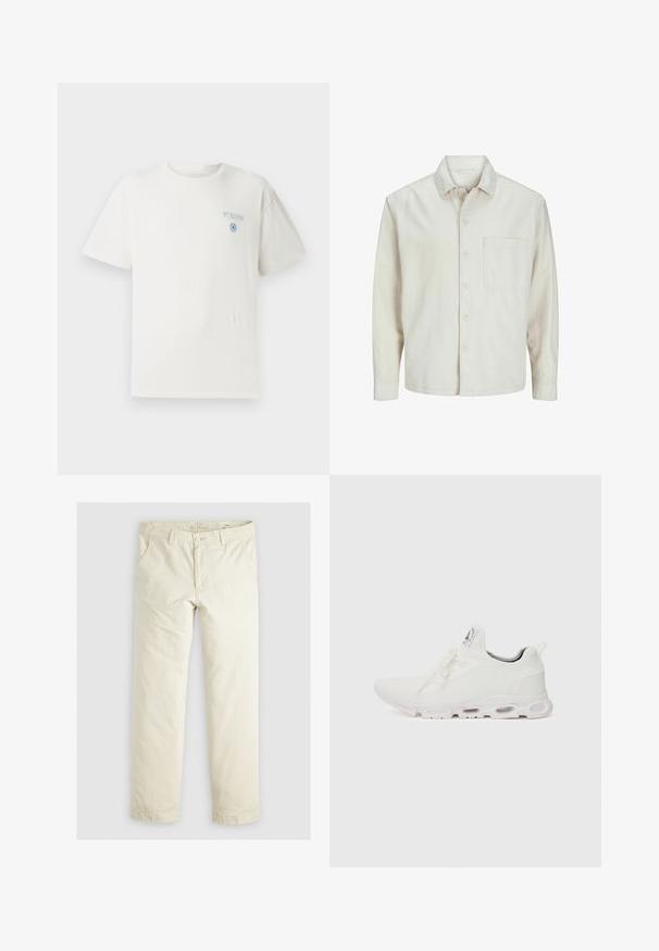 Beige Hemd mit Knopfleiste aus Baumwolle, klassischem Kragen, langen Ärmeln, einer Brusttasche und lockerer Passform. Glatte, weiche Textur.; Weißes Baumwoll-T-Shirt mit Rundhalsausschnitt, kurzen Ärmeln und blauer "MYKONOS" Grafik auf der linken Brust, die ein kreisförmiges Designelement enthält.; Helle beigefarbene, lässig geschnittene Hose mit drei Taschen, Gürtelschlaufen und geradem Bein. Hergestellt aus einem weichen Baumwoll-Mix.; Weiße Sportschuhe mit einem strukturierten Strickobermaterial, flachen Schnürsenkeln und einer gepolsterten Sohle mit sichtbaren Luftkammern für zusätzlichen Halt.