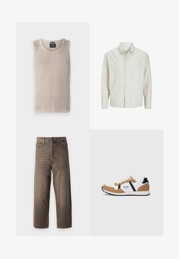 Šviesiai rudos spalvos medvilninis marškinis su klasikiniais atvartais, ilgomis rankovėmis, viena krūtine kišenė ir laisvas fasonas. Sklandus, minkštas paviršius.; Bežinis raštuotas liemenė su apvalia iškirpte, be rankovių ir minkšta tekstūra. Etiketė siuvinėta vidinėje kaklo dalyje, švarus siūlas.; Rudos platūs džinsai, pagaminti iš džinsinio audinio. Yra užtrauktukas, diržo kilpos ir penki kišenės. Audinys atrodo išblukęs, su tekstūrine išvaizda.; Retro stiliaus sportbačiai su balta, tan zomša, juodais akcentais, baltais raišteliais ir "Jack & Jones EST. 1990" logotipu šone.