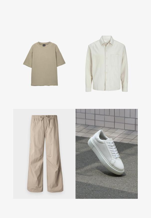 Beżowa koszula z długim rękawem wykonana z bawełny, z klasycznym kołnierzykiem, jedną kieszenią na piersi i luźnym krojem. Gładka, miękka faktura.; Beżowa, krótko rękawowa koszulka wykonana z fakturowanej tkaniny. Posiada okrągły dekolt oraz luźny, swobodny fason bez widocznych wzorów czy akcentów.; Beżowe spodnie typu wide-leg z elastycznym pasem i sznurkiem. Gładka tekstura, dwie boczne kieszenie i minimalne szwy zapewniające luźny krój.; Białe skórzane trampki z gładką powierzchnią, okrągłym noskiem i płaskimi białymi sznurowadłami. Posiadają teksturowaną gumową podeszwę oraz minimalistyczne elementy projektowe.