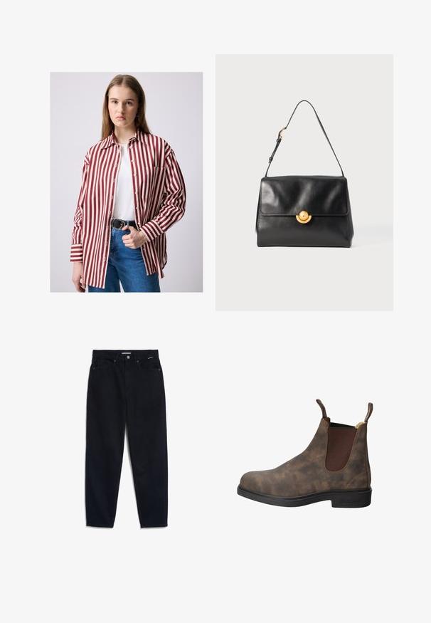 Bordeaux leren jack met een riem in de taille, brede revers en knoopmanchetten; gladde textuur met een glanzende afwerking.; Licht beige sweatshirt met een ronde hals, lange mouwen en een cropped design; met de teksten "POLO CLUB" en "GESTICHT 2012" in marineblauw en rood.; Rood-wit gestreepte button-up shirt met een kraag, borstzak en lange mouwen, gecombineerd met hoogsluitende blauwe spijkerbroek en een zwarte riem.; Zwarte denim jeans met een rechte pijp, vijf zakken en een knoopsluiting. De stof heeft een gladde textuur en minimale zichtbare stiksels.; Bruine leren enkelboot met elastische zijpanelen, gestructureerde afwerking, ronde neus en zwarte rubberen zool. Trekflappen aan de schacht voor eenvoudig aan- en uittrekken.; Zwarte leren handtas met een gestructureerde vorm, vlakke bovenkant en een gouden cirkelvormige sluiting. Voorzien van een enkele schouderband voor het dragen.