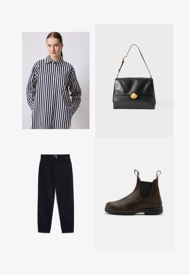 Bordeaux leren jack met een riem in de taille, brede revers en knoopmanchetten; gladde textuur met een glanzende afwerking.; Licht beige sweatshirt met een ronde hals, lange mouwen en een cropped design; met de teksten "POLO CLUB" en "GESTICHT 2012" in marineblauw en rood.; Overhemd met lange mouwen, gemaakt van lichtgewicht stof, met verticale marineblauwe en crèmekleurige strepen, een gebogen boord en een borstzak.; Zwarte denim jeans met een rechte pijp, vijf zakken en een knoopsluiting. De stof heeft een gladde textuur en minimale zichtbare stiksels.; Bruine leren enkellaars met elastische zijkanten, trekriempjes en een getextureerde rubberen zool. Heeft een slank, rond te ontwerp.; Zwarte leren handtas met een gestructureerde vorm, vlakke bovenkant en een gouden cirkelvormige sluiting. Voorzien van een enkele schouderband voor het dragen.