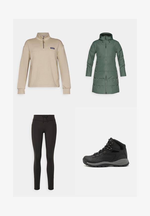 Zeleni kaput s punjenjem, s kapuljačom, punim patentnim zatvaračem, dugim rukavima i bočnim džepovima. Glatka tekstura s mat završnom obradom.; Bež dukserica od flisa s polu patentnim zatvaračem, stajaćim ovratnikom i dugim rukavima. Ima mali zakrpani logo na lijevoj strani grudi. Mekana tekstura.; Crne tajice s visokim strukom, uzicom, glatkom teksturom i uskim dizajnom. Imaju šavove duž bokova.; Crne planinarske čizme s dizajnom srednjeg vrha, sa teksturiranim gornjim dijelom, sivim akcentima i izdržljivom gumom potplatom s uzorkom za prianjanje.