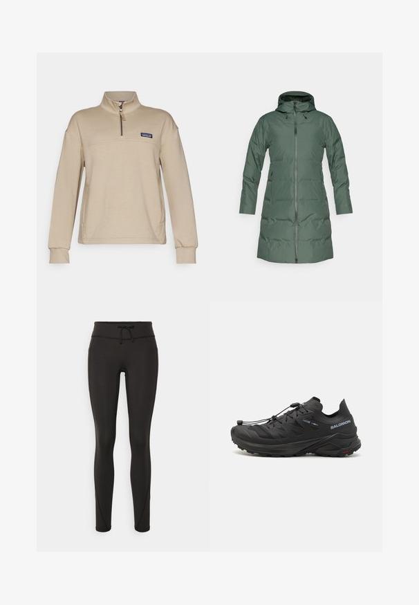 Padded green coat with a hood, full-length zipper, long sleeves, and side pockets. Smooth texture with a matte finish.; Beżowy polarowy sweter z półzamkiem, stójką i długimi rękawami. Posiada małą łatkę z logo po lewej stronie klatki piersiowej. Miękka tekstura.; Czarne legginsy z wysokim stanem, sznurkiem do regulacji, gładką teksturą i dopasowanym krojem. Posiadają detale w postaci przeszyć po bokach.; Czarne buty do biegania w terenie z teksturowaną cholewką, panelami z siateczki i pewnym systemem zapinania. Posiadają trwałą podeszwę zewnętrzną zapewniającą przyczepność.