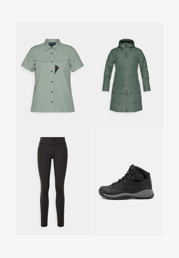Párnázott zöld kabát kapucnival, teljes hosszúságú cipzárral, hosszú ujjakkal és oldalsó zsebekkel. Simás textúra matt felülettel.; Rövid ujjú, gombos ing világoszöld anyagból, két mellzsebbel, fekete gombokkal, és kék akcentussal ellátott logóval, háromszög alakú mintázattal.; Fekete leggings magas derékkal, zsinórral, sima textúrával és testhezálló kialakítással. Oldalt varrási részletekkel rendelkezik.; Fekete túracipő közepes magasságú kialakítással, texturált felsőrésszel, szürke részletekkel és strapabíró gumitalppal, amelynek tapadós kiemelkedései vannak.