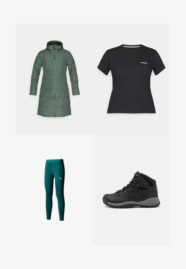 Palton verde căptușit cu glugă, fermoar pe toată lungimea, mâneci lungi și buzunare laterale. Textură netedă cu un finisaj mat.; Tricou negru din bumbac, cu gât rotund și mânecă scurtă. Are un logo alb "Patagonia" în zona stângă a pieptului.; Leggings teal din material elastic, cu un design mulat, două buzunare laterale și un mic logo pe piciorul inferior.; Botă de drumeție neagră cu un design mediu, având un material texturat, accente gri și o talpă din cauciuc durabilă cu crampoane pentru aderență.