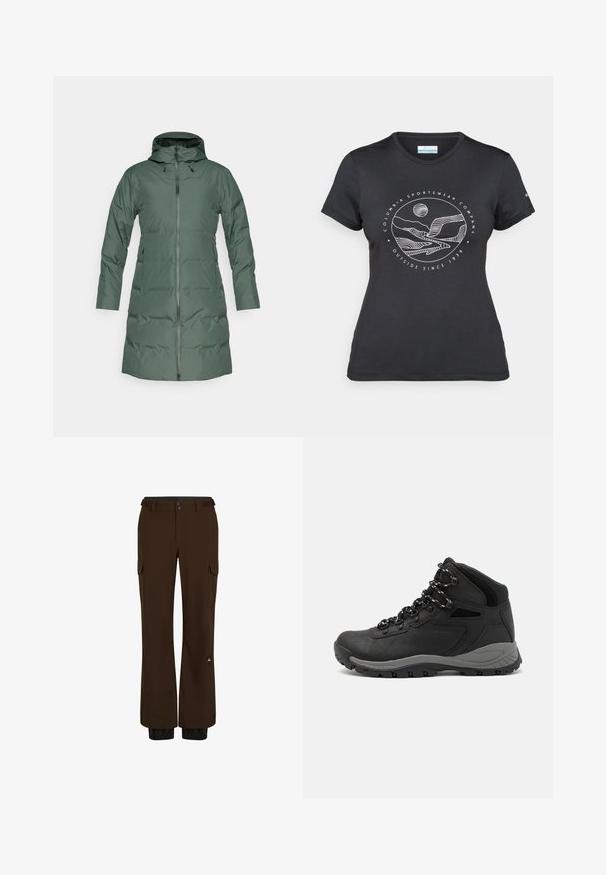 Gewatteerde groene jas met een capuchon, volledige rits, lange mouwen en zijzakken. Gladde textuur met een matte afwerking.; Zwarte Columbia t-shirt met witte cirkelvormige lijntekening van bergen en een rivier en de tekst "Columbia Sportswear Company Outside Since 1938."; Bruine cargobroek van duurzaam materiaal, met meerdere zakken, een knoopsluiting en elastische boorden bij de enkels.; Zwarte wandelschoen met een mid-top ontwerp, voorzien van een gestructureerde bovenkant, grijze accenten en een duurzame rubberen zool met gripnoppen.