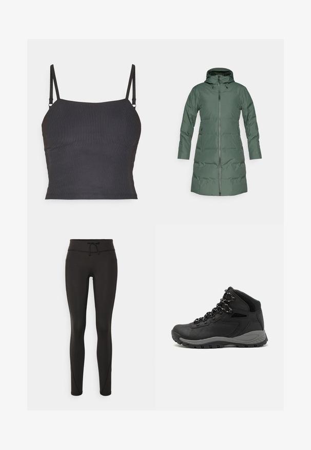 Pūtēts zaļš mētelis ar kapuci, pilnīga garuma rāvējslēdzējs, garas piedurknēm un sānu kabatām. Gluda tekstūra ar matētu apdari.; Melnā ribota kūka ar plānām regulējamām siksniņām un pieguļošu dizainu, ar gludu tekstūru un taisnu izgriezumu.; Melnas legingi ar augstu jostasvietu, pievilkšanas auklu, gludu tekstūru un pieguļošu dizainu. Iekļautas šuvju detaļas gar sāniem.; Melni pārgājienu zābaki ar vidēju augstumu, ar teksturētu augšdaļu, pelēkiem akcentiem un izturīgu gumijas zoli ar saķeres izvirzījumiem.
