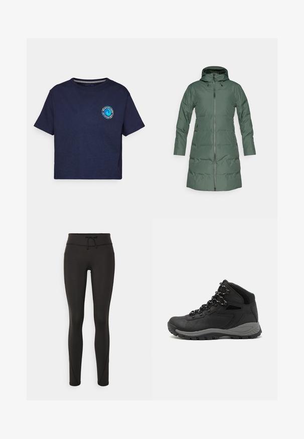 Polsterdatud roheline mantel kapuutsiga, täispikkuseta lukk, pikad varrukad ja küljetaskud. Sile tekstuur ja matt viimistlus.; Patagonia UNITY FITZ EASY CUT RESPONSIBILI-TEE - Trükipildiga T-särk - new navy; Mustad kõrge vöökohtadega mustad retuusid, paelaga, sileda tekstuuri ja sobiva disainiga. Külgedel on õmblusdetailid.; Mustarjaline matkasaabas, millel on keskmine disain, tekstuuriga ülemine osa, hallid aktsendid ja vastupidav kummist põhi, millel on haardelugesid.