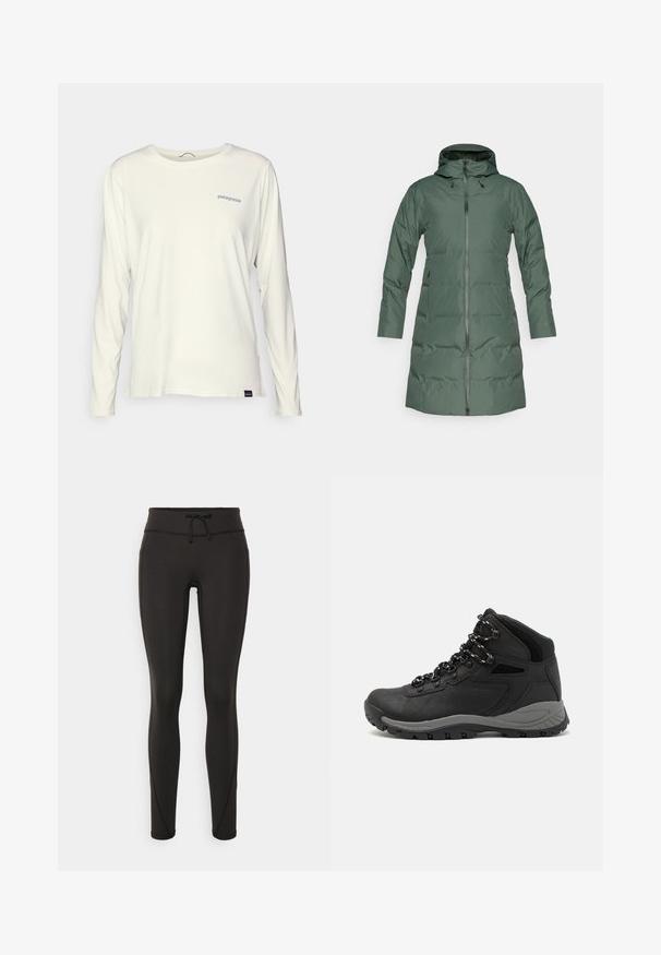Párnázott zöld kabát kapucnival, teljes hosszúságú cipzárral, hosszú ujjakkal és oldalsó zsebekkel. Simás textúra matt felülettel.; Hosszú ujjú, kerek nyakú póló törtfehér pamutból. A bal mellen kék Patagonia logó, és testhezálló fazon jellemzi.; Fekete leggings magas derékkal, zsinórral, sima textúrával és testhezálló kialakítással. Oldalt varrási részletekkel rendelkezik.; Fekete túracipő közepes magasságú kialakítással, texturált felsőrésszel, szürke részletekkel és strapabíró gumitalppal, amelynek tapadós kiemelkedései vannak.