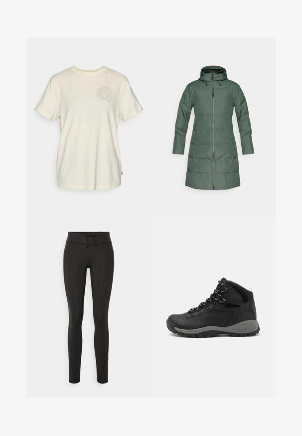 Polstret grøn frakke med hætte, fuldlængde lynlås, lange ærmer og sidelommer. Glat tekstur med mat finish.; Kortærmet T-shirt i lys beige bomuld, med et rundt grafisk tryk med teksten "SEE YOU OUT HERE" og naturelementer på brystet.; Sorte leggings med høj talje, snøre, glat tekstur og tætsiddende design. Har syningsdetaljer langs siderne.; Sort vandrestøvle med en mellem-højde design, der har en tekstureret overdel, grå detaljer og en holdbar gummisål med skridsikre klodser.