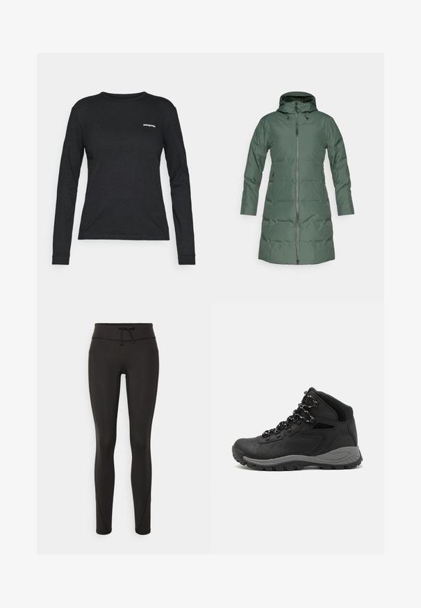 Pūtēts zaļš mētelis ar kapuci, pilnīga garuma rāvējslēdzējs, garas piedurknēm un sānu kabatām. Gluda tekstūra ar matētu apdari.; Melna garām piedurknēm t-krekls, izgatavots no kokvilnas, ar apaļu kakla izgriezumu un mazu baltu logotipu kreisajā krūtī. Gluda tekstūra, pieguļoša forma.; Melnas legingi ar augstu jostasvietu, pievilkšanas auklu, gludu tekstūru un pieguļošu dizainu. Iekļautas šuvju detaļas gar sāniem.; Melni pārgājienu zābaki ar vidēju augstumu, ar teksturētu augšdaļu, pelēkiem akcentiem un izturīgu gumijas zoli ar saķeres izvirzījumiem.