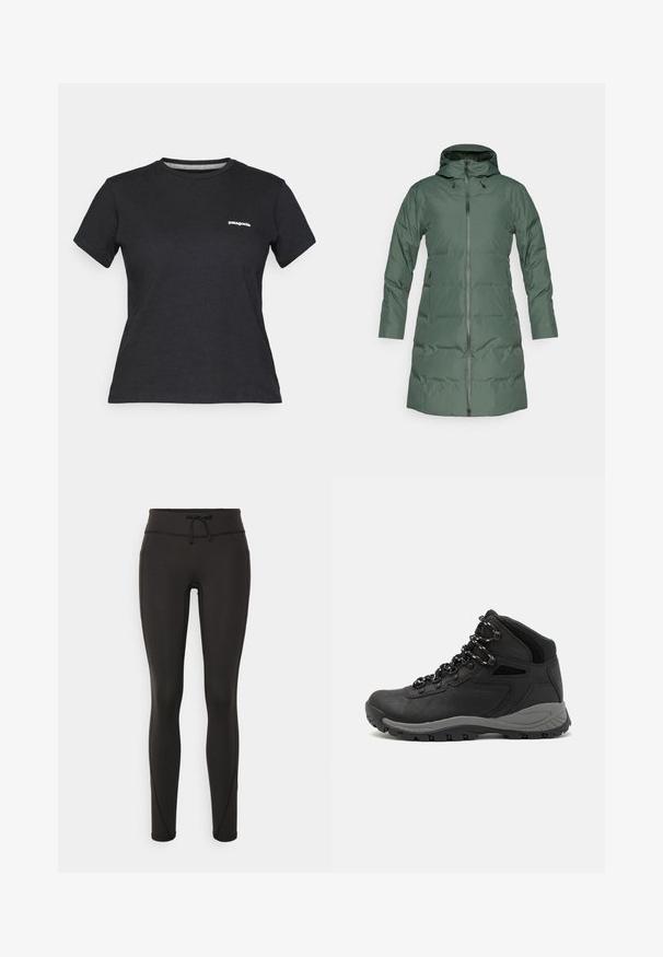 Párnázott zöld kabát kapucnival, teljes hosszúságú cipzárral, hosszú ujjakkal és oldalsó zsebekkel. Simás textúra matt felülettel.; Fekete pamut póló kerek nyakkivágással és rövid ujjakkal. Az előtt a bal mellrészen egy fehér "Patagonia" logó található.; Fekete leggings magas derékkal, zsinórral, sima textúrával és testhezálló kialakítással. Oldalt varrási részletekkel rendelkezik.; Fekete túracipő közepes magasságú kialakítással, texturált felsőrésszel, szürke részletekkel és strapabíró gumitalppal, amelynek tapadós kiemelkedései vannak.
