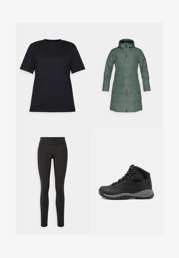 Polsterdatud roheline mantel kapuutsiga, täispikkuseta lukk, pikad varrukad ja küljetaskud. Sile tekstuur ja matt viimistlus.; Must suveklee t-särk, mis on valmistatud siledast puuvillast, omab ümmargust kaelust ja diskreetset reljeefset logo detaili vasakul küljel.; Mustad kõrge vöökohtadega mustad retuusid, paelaga, sileda tekstuuri ja sobiva disainiga. Külgedel on õmblusdetailid.; Mustarjaline matkasaabas, millel on keskmine disain, tekstuuriga ülemine osa, hallid aktsendid ja vastupidav kummist põhi, millel on haardelugesid.