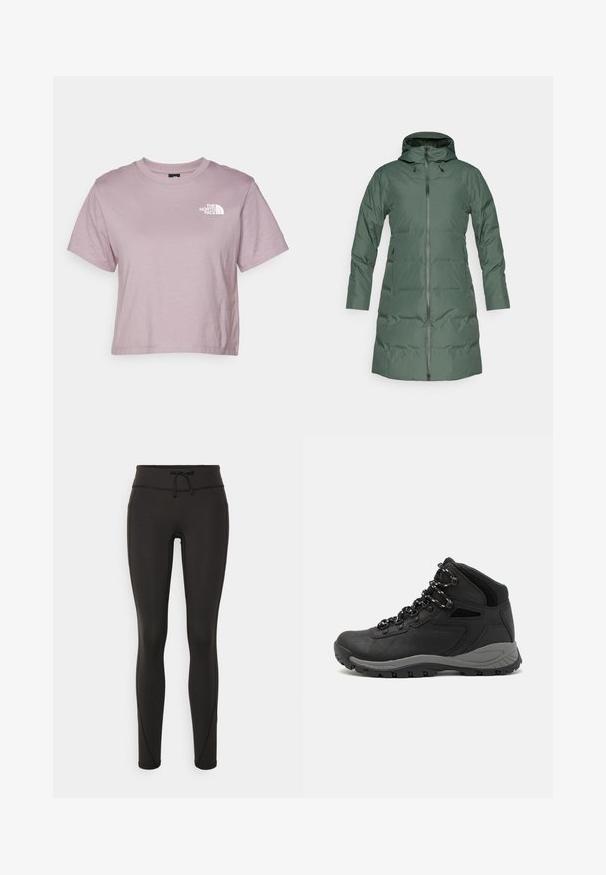 Zeleni kaput s punjenjem, s kapuljačom, punim patentnim zatvaračem, dugim rukavima i bočnim džepovima. Glatka tekstura s mat završnom obradom.; The North Face SIMPLE DOME CROPPED SLIM TEE - Majica kratkih rukava s printom - purple chalk; Crne tajice s visokim strukom, uzicom, glatkom teksturom i uskim dizajnom. Imaju šavove duž bokova.; Crne planinarske čizme s dizajnom srednjeg vrha, sa teksturiranim gornjim dijelom, sivim akcentima i izdržljivom gumom potplatom s uzorkom za prianjanje.