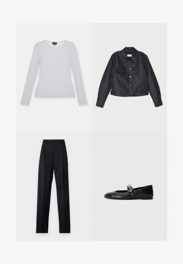 Čierna saténová bunda s golierom, predným zapínaním na gombíky, dvoma náprsními vreckami a dlhými rukávmi so zapínaním na gombíky.; Dlhý rukáv, svetlošedý top z mäkkej tkaniny s okrúhlym výstrihom a priliehavým strihom. Hladká textúra, bez viditeľných vzorov alebo akcentov.; Čierne nohavice vyrobené z hladkej látky s vysokým pásom, širokými nohavicami, prednými záhybmi a klasickými pútkami na opasok. Žiadne bočné vrecká nie sú viditeľné.; Čierne kožené baletky s špicatou špičkou, so pásikom s okrúhlou kovovou sponou a plochou podrážkou.