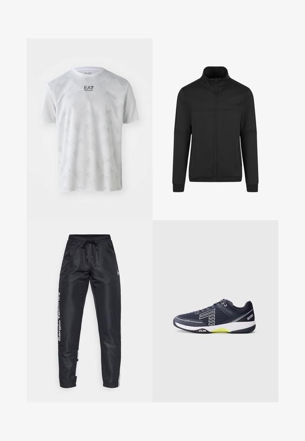Melnā rāvējslēdzēja jaka izgatavota no mīkstas auduma, ar augstu apkakli, priekšējām šuvēm un logo detaļu augšējā kreisajā pusē. Gluda tekstūra, pieguļošs dizains.; Balts īsām piedurknēm sporta krekls ar dažādām ģeometriskām tekstūrām un logo uz krūtīm. Izgatavots no elpojoša auduma, lai nodrošinātu komfortu.; Melni sporta bikses ar aukliņu jostā, ar baltu zīmolu uz sāniem un kontrastējošiem krāsu paneļiem apakšmalā.; Sporta apavi ar tumši zilu sintētisko acs virsmu, baltām akcentiem un dzeltenu zoli. Iezīmējas ar teksturētu virsmu un auklu dizainu.