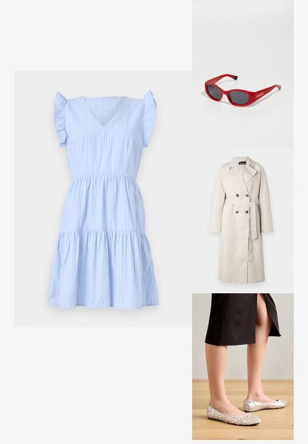 Bēšas krāsas vējjaka ar dubultiem pogu aizdari, plašu apkakli un jostu viduklī. Iezīmē garas piedurknes un taisnu apakšmali.; Gaiši zils svītrots kleita ar V-veida kaklu, īsām volānu piedurknēm, piegulošu jostu un pakāpenisku svārku. Izgatavota no mīksta, viegla auduma.; Beige spīdīgās baleta kurpes ar noapaļotu purngalu, ar loku apdari, apvienotas ar melniem svārkiem, izliktas uz koka grīdas.; Sarkanas plastmasas saulesbrilles ar slaidu, ovālu rāmi. Lai ietver tumšas lēcas un zelta zīmolu malās. Melni akcenti uz tempļa galiem.