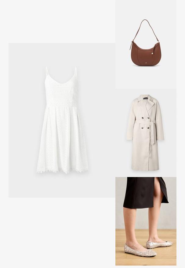 Beige trenchcoat med dobbelknapp foran, bred krage og belte i midjen. Har lange ermer og en rett hemline.; Hvit blondkjole med en tettsittende bodice og flagrende skjørt. Har tynne stropper, V-hals og intrikate blomster mønstre.; Beige paljettballetsko med rund tå og sløyfedetalj, kombinert med et svart skjørt, vist på et tregulv.; Brun kunstlæder skuldertaske med buet form, minimal syning og detaljer i guld-tonet hardware. Har en top lynlås lukning og justerbar rem.