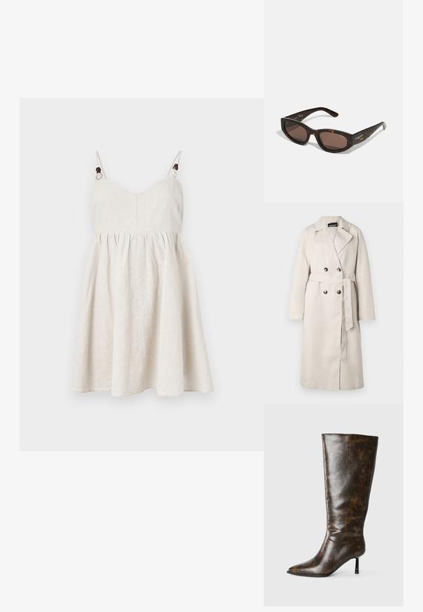 Capa bege com frente de dois botões, gola larga e cinto na cintura. Apresenta mangas longas e uma bainha reta.; Vestido de sol em linho em bege claro, com corpete ajustado, saia evasé, alças ajustáveis com detalhes em contas de madeira e pregas decorativas.; Bota alta de couro marrom desgastado com bico fino e salto agulha em fundo branco.; Óculos de sol em padrão tartaruga castanha, com formato retangular, lentes castanhas escuras e a marca "vogue" em dourado nas hastes.; Bolsa plissada amarela feita de couro sintético suave, com uma forma suave, uma única alça de ombro e design de topo franzido.