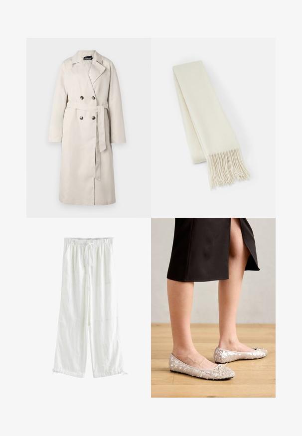 Gabardina beige con un frente de doble botón, amplio cuello y cintura ceñida con cinturón. Presenta mangas largas y un dobladillo recto.; Suéter de color crema claro con mangas largas, cuello redondo y dobladillo de canalé. Fabricado con un material suave, presenta una textura lisa.; Next PARACHUTE - REGULAR FIT - Pantalones - white; Bailarinas de lentejuelas beige con puntera redondeada, que presentan un lazo decorativo, combinadas con una falda negra, exhibidas sobre un suelo de madera.; Bufanda blanca de lana, forma rectangular, textura suave, con extremos con flecos para un detalle añadido.