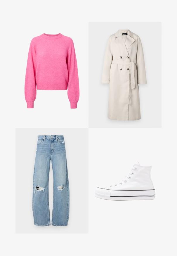 Bež kišni kaput s dvostrukim gumbima sprijeda, širokim ovratnikom i pojasom oko struka. Ima dugačke rukave i ravni rub.; Svijetlo ružičasti dukserica dugih rukava s okruglim izrezom, ribanim manžetama i donjim rubom, izrađen od mekog, plišanog pletenog materijala.; Svijetloplave, visoko-strukirane traperice. Imaju široke nogavice, dva razderana područja na koljenima i klasičan stil s pet džepova.; Bijela visoka platnena tenisica s crnom gumenom potplatom, prednjim gumenim zaštitnikom prstiju i šest rupa za vezanje, s čistim, minimalističkim dizajnom.