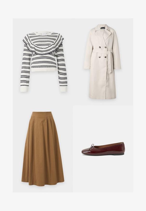 Bēšas krāsas vējjaka ar dubultiem pogu aizdari, plašu apkakli un jostu viduklī. Iezīmē garas piedurknes un taisnu apakšmali.; Balta adīta džemperis ar melnām horizontālām svītrām, ar viļņotu kakla izgriezumu un garām piedurknēm. Saīsināts dizains ar ribinātām aprocēm.; Brūna kokvilnas A formas svārki ar augstu jostasvietu, kurai priekšā ir krokas un gluda tekstūra. Apakšmala ir tīra un vienkārša.; Burgundijas laku ādas baleta kurpes ar noapaļotu purngalu, nelielu loku akcentu priekšā un zemu melnu gumijas zoli. Gluda tekstūra.