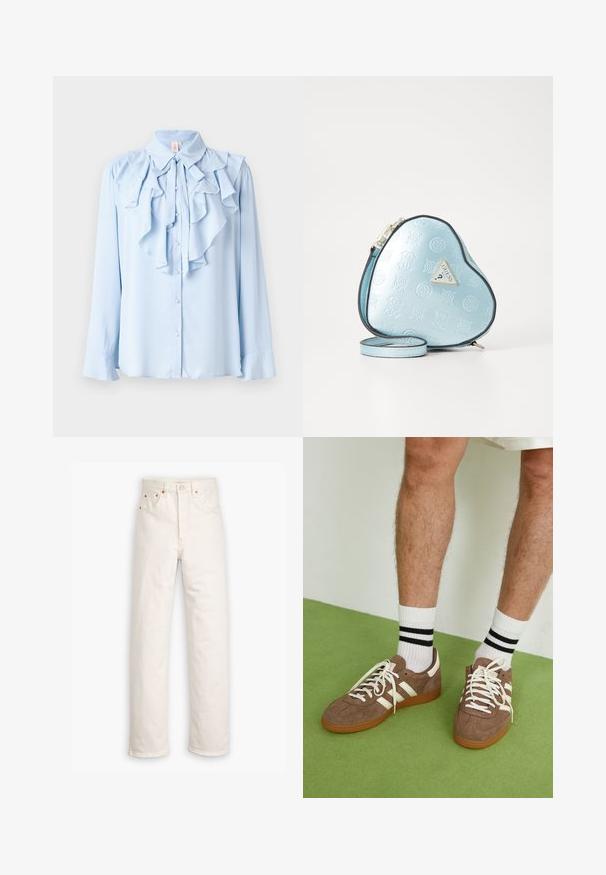 Beige trench coat kahe nupuga esiosaga, laia kraega ja vöökohtaga. Omab pikki varrukaid ja sirget hemliini.; Hele sinise pika varrukaga pluus, millel on volangiga disain kaela ja esitasku ääres, nööpidega kinnitamine ja pehme kangastekstuuri.; Valged teksased sirge jala disainiga, viie taskuga stiilis ja vasest detailide aktsentidega. Toorik lõpp äärtes.; Prune nahkkingad valgete aktsentide ja paeltega. Kummikummist tallad. Kandu valgeid sokke mustade triipudega. Roheline tekstuuriga põrand.; Süda kujuline käekott helesinisest embosseeritud materjalist, millel on mustäär ja kullatooniline logo silt. Kaasas eemaldatav õlapael.