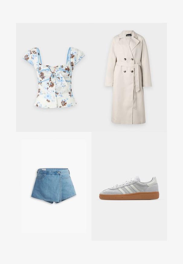 Beżowy trencz z podwójnym zapięciem, szerokim kołnierzem i paskiem w talii. Posiada długie rękawy oraz prosty dół.; Kwiatowy top w kolorze jasnoniebieskim i białym, z brązowymi wzorami kwiatowymi, krótkimi bufkowymi rękawami i wiązaniem z przodu, zakończony falbanką.; Jasnoniebieskie szorty dżinsowe z fasonem wrap, z przednimi kieszeniami i metalowym zapięciem. Gładka tekstura z obszytymi brzegami.; Jasnoszare zamszowe sneakersy z białymi skórzanymi akcentami, trzema białymi paskami i brązową gumową podeszwą, z wyściełanym kołnierzem dla komfortu.