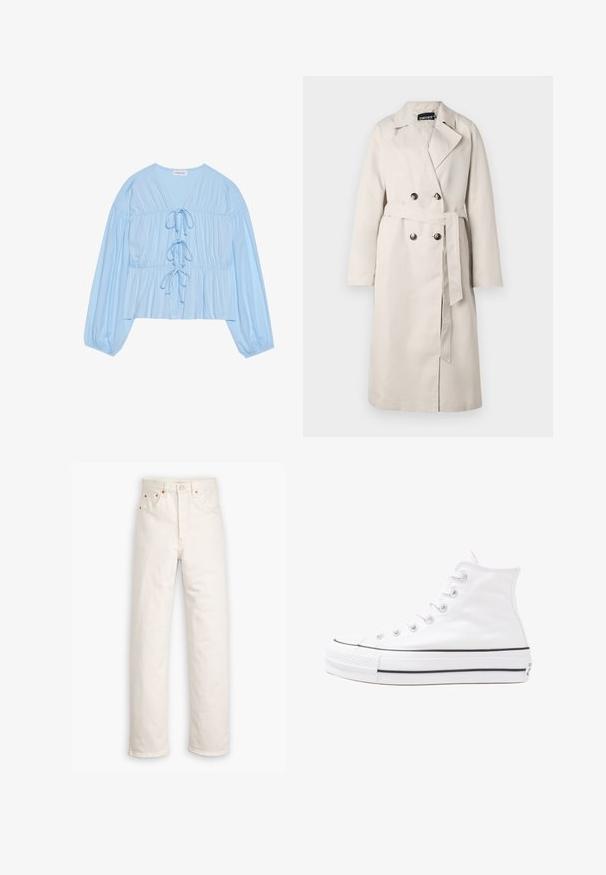 Trench coat beige con chiusura a doppio bottone, colletto ampio e vita cinturata. Presenta maniche lunghe e orlo dritto.; Blusa a maniche lunghe di colore azzurro chiaro, realizzata in tessuto morbido, con scollatura a V, dettagli con coulisse e vita arricciata per una vestibilità comoda.; Jeans in denim bianco con design a gamba dritta, stile a cinque tasche e dettagli in metallo rame. Orlo grezzo alla caviglia.; Sneaker alta in tela bianca con suola in gomma nera, punta in gomma frontale e sei asole per i lacci, caratterizzata da un design pulito e minimalista.