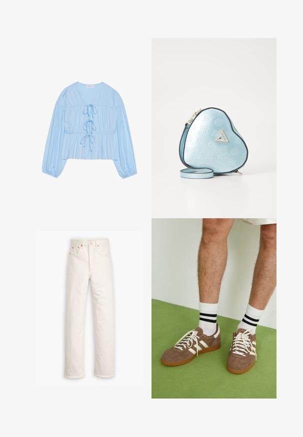 Trench coat beige con chiusura a doppio bottone, colletto ampio e vita cinturata. Presenta maniche lunghe e orlo dritto.; Blusa a maniche lunghe di colore azzurro chiaro, realizzata in tessuto morbido, con scollatura a V, dettagli con coulisse e vita arricciata per una vestibilità comoda.; Jeans in denim bianco con design a gamba dritta, stile a cinque tasche e dettagli in metallo rame. Orlo grezzo alla caviglia.; Sneaker in suede marrone con dettagli e lacci bianchi. Suola in gomma color gomma. Indossati con calzini bianchi con righe nere. Pavimento verde texturizzato.; Borsa a forma di cuore in materiale blu chiaro goffrato, con rifiniture nere e una piastrina con logo in tonalità oro. Includa una tracolla rimovibile.