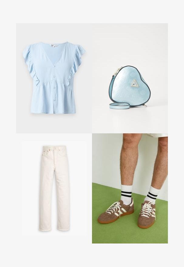 Beige Trenchcoat mit einer doppelt geknöpften Vorderseite, breitem Kragen und einem Taillengürtel. Verfügt über lange Ärmel und einen geraden Saum.; Helle blaue Bluse aus weichigem Stoff, mit V-Ausschnitt, gerafften Ärmeln, Knopfleiste und einem gerafften Taillendetail.; Weiße Denim-Jeans mit geradem Bein, im Fünf-Taschen-Stil und mit kupferfarbenen Hardware-Details. Rohschnitt an den Knöcheln.; Braune Wildleder-Sneaker mit weißen Akzenten und Schnürsenkeln. Gummisohle in Kautschuk-Optik. Getragen mit weißen Socken, die schwarze Streifen haben. Grüner strukturierter Fußboden.; Herztaschen in hellem Blau aus geprägtem Material, mit schwarzem Besatz und einer Logo-Plakette in Goldfarbe. Abnehmbarer Schultergurt inklusive.