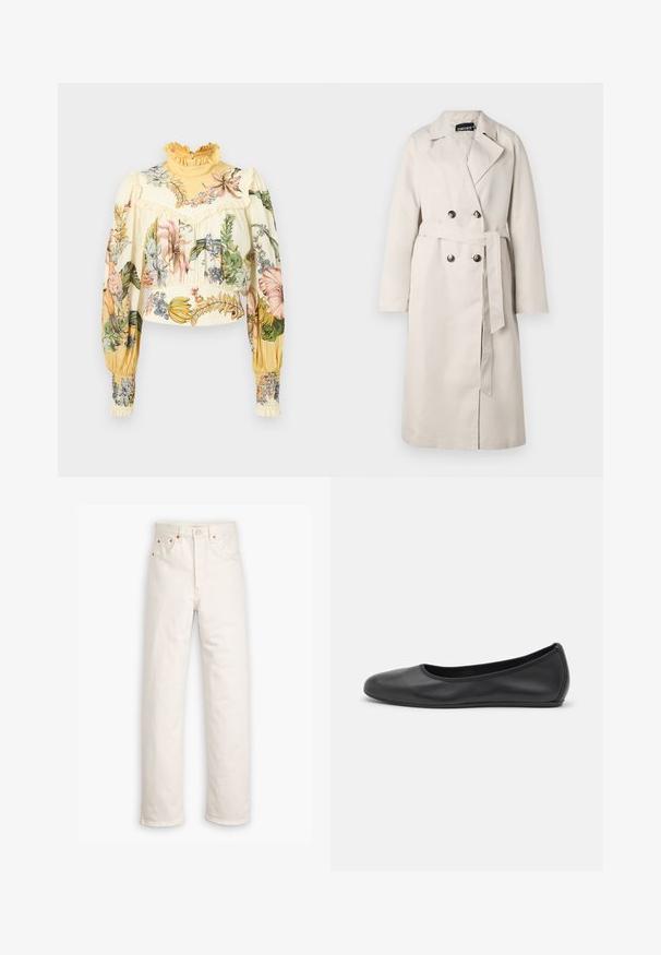 Trench coat beige con chiusura a doppio bottone, colletto ampio e vita cinturata. Presenta maniche lunghe e orlo dritto.; Alemais OLEANDER - Camicetta - multi coloured; Jeans in denim bianco con design a gamba dritta, stile a cinque tasche e dettagli in metallo rame. Orlo grezzo alla caviglia.; Pantofole da balletto nere in pelle con punta arrotondata, texture liscia, dettagli di cucitura minimi e design con suola flessibile.