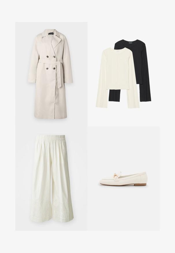 Beige trench coat with a dual-button front, wide collar, and a belted waist. Features long sleeves and a straight hemline.; Set of two long-sleeve tops in white and black. Ribbed texture, round neck, fitted design with slightly flared sleeves.; White wide-leg pants featuring a textured fabric, an elastic waistband, and intricate cut-out patterns at the hem.; White leather loafers with a flat sole, featuring a gold-tone buckle detail and a smooth finish. Classic design with simple lines.