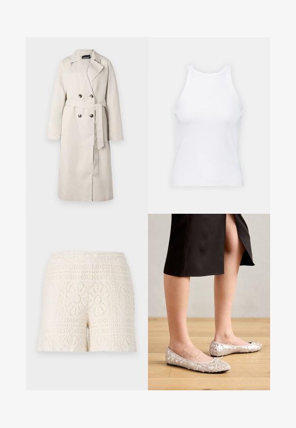 Béžový trenčkot s dvojitým zapínáním, širokým límcem a páskem v pase. Má dlouhé rukávy a rovný lem.; Bílý bezrukávový top vyrobený z ribbed látky, s kulatým výstřihem a přiléhavým střihem, s minimem švů a bez ozdob.; Krajkové šortky v krémové barvě s propracovanými květinovými vzory a elastickým pasem, předvádějící texturovaný design s otevřeným pletením.; Béžové baleríny s flitry a kulatou špičkou, s mašlí, v kombinaci s černou sukní, vystavené na dřevěné podlaze.