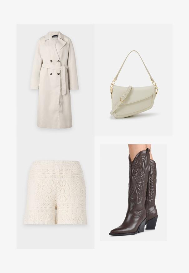 Béžový trenčkot s dvojitým zapínaním vpredu, širokým golierom a opasok v páse. Disponuje dlhými rukávmi a rovnými okrajmi.; Biela bezrukávová tielko vyrobené z rebrovanej látky, s okrúhlym výstrihom a priliehavým strihom, s minimálnymi švami a bez ozdôb.; Krajkové šortky v krémovej farbe s jemnými kvetinovými vzormi a elastickým pásom, ktoré prezentujú textúrovaný otvorený pletený dizajn.; Hnedé kožené kovbojské topánky s špicatou špičkou a blokovým podrážkou, so zložitým prešívaním a vyvýšenými akcentmi na puzdre.; Malá krémová kabelka s textúrovaným povrchom, dlhým nastaviteľným popruhom, reťazovým detailom a klopovým uzáverom. Zlaté kovové prvky.