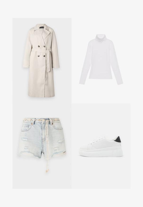 Beige trenchcoat med dobbelknapp foran, bred krage og belte i midjen. Har lange ermer og en rett hemline.; Hvit langermet høyhalset topp laget av glatt, elastisk stoff. Har høy krage og tettsittende design, uten synlige mønstre eller dekorasjoner.; Denimshorts i lyseblå med slitte detaljer og frynsete kanter. Har et dekorativt skjellbelte og snor med beige aksenter.; Hvite plattform sneakers laget av glatt syntetisk materiale, med rund tå, snøring og en strukturert gummisåle. Svart hæl akcent.
