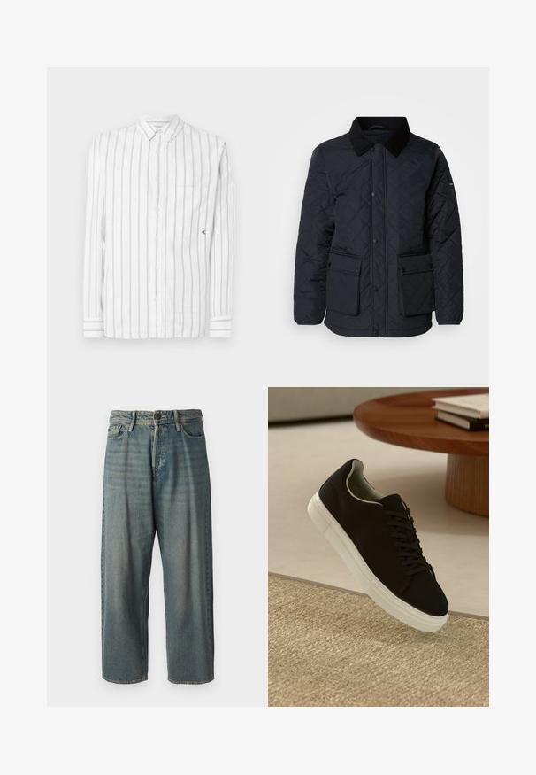 Tűzött sötétkék dzseki kordbársony gallérral, két elülső zsebbel és patentos záródással. Jellemzője a texturált, vízálló anyag.; Fehér, hosszú ujjú ing vékony szürke függőleges csíkokkal, gombos gallérral, egyetlen mellzsebbel és CK logóval a zseben.; Világoskék farmernadrág, laza fazonnal, közepes derékbőséggel és egyenes szárral. Öt zsebet, övbucskát és gombos záródást tartalmaz.; Fekete sneakers fehér talppal lebeg egy bézs textúrájú szőnyeg felett, egy kerek fából készült asztal közelében, rajta egymásra pakolt könyvekkel.