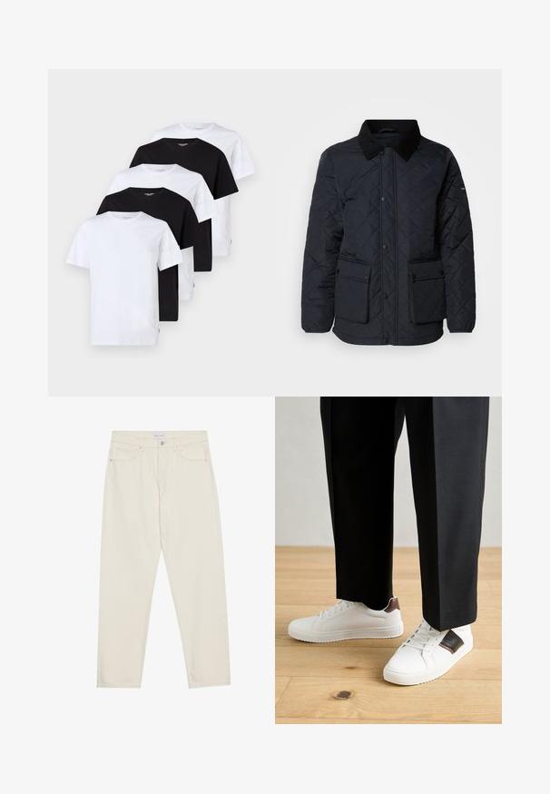 Kudumisel navy blue jakk, millel on sametist krae, kaks eesmist taskut ja nupud. Omab tekstuuriga, veekindlat kangast.; Viis lühikeste varrukatega t-särki: kaks valget ja kolm musta. Kõik on puuvillast, disainitud ümmarguse kaeluse ja tavapärase lõikega.; Beez denimist pajats otse lõikega, viie taskuga, nupplukuga ja peente õmblusteadetega. Sujuv tekstuur.; Valged sneakersid siledat tekstuurist, millel on pruunad nahast detailid ja mustad aksessuaarid, millele on sobitatud mustad kohandatud püksid. Puitpõranda taust.