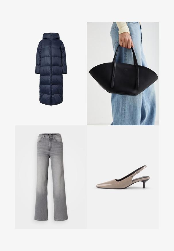 Merinen sininen pöyheä takki hupulla, jossa on edessä vetoketju, ylisuurta suunnittelua ja tikattu pinta. Helma ulottuu puoliväliin vasikkaa.; Vaaleanharmaa vetoketjullinen huppari, jossa on huppu, kaapelikudottuja kuvioita, resorit helmassa ja hihoissa sekä sileä pinta. Täydellinen kerrospukeutumiseen.; Musta lyhythihainen t-paita, jossa on pyöreä kaula-aukko, valmistettu sileästä puuvillakankaasta. T-paidassa on yksinkertainen muotoilu, eikä siinä ole näkyviä kuvioita tai yksityiskohtia.; Vaaleanharmaat korkeavyötäröiset suorat farkut etupainikkeella ja vetoketjulla, etu- ja takataskuilla, sekä haalistuneet varjostukset reisissä ja pohkeissa.; Kengät slingback teräväkärkisillä, kiiltävän beigen patenttinäöllä, kapealla korolla ja säädettävällä hihnalla turvallisen istuvuuden takaamiseksi.; Musta nahkainen käsilaukku, jossa on ainutlaatuinen tuulihattukuvio, jossa on litteät kahvat. Pinnassa on karkeapintainen rakenne ja minimalistinen muotoilu.