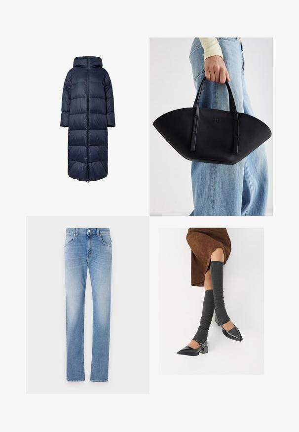 Sötétkék puffermellény kapucnival, elülső cipzárral, túlságosan nagy fazonnal és steppelt textúrával. Az alja a vádli közepéig ér.; Világosszürke, cipzáros kapucnis pulóver, fonott mintákkal, bordázott aljjal és mandzsettával, sima textúrával. Tökéletes rétegezéshez.; Fekete, rövid ujjú póló, kerek nyakkivágással, sima pamut anyagból készült, egyszerű dizájnnal, látható minták vagy kiegészítők nélkül.; Világoskék farmernadrág egyenes szabással, öt zsebbel, gombos elülső részel és enyhe kopással az anyagon.; Fekete lakk bőrből készült, hegyes orrú cipők, tömbsarkúakkal és bokapánttal, szürke bordás lábszármelegítőkkel és barna velúr szoknyával párosítva.; Fekete bőr kézitáska egyedi legyezőformával, lapos füllel. A felülete kőriszerű textúrájú és minimalista dizájnnal rendelkezik.