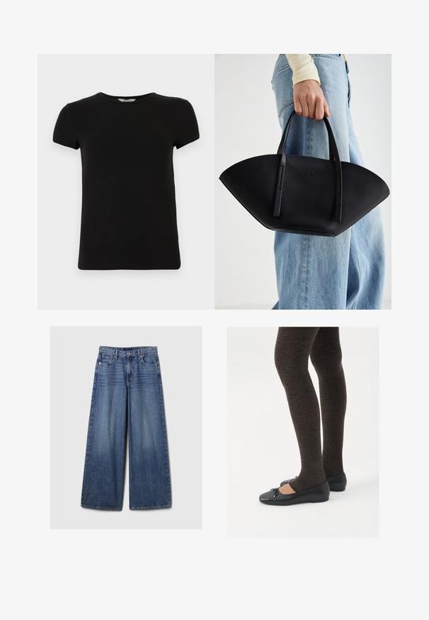 Camisola puffer azul marinho com capuz, apresentando um fecho de correr frontal, design oversized e textura acolchoada. A bainha chega a comprimento até a metade da panturrilha.; Moleton cinza claro com fecho éclair e capuz, apresentando padrões de malha em cabo, com bainha e punhos canelados, e uma textura suave. Perfeito para sobreposições.; T-shirt preto de mangas curtas com gola redonda, feito de tecido de algodão suave, apresentando um design simples e sem padrões ou detalhes visíveis.; Calças de ganga azul de perna larga com um acabamento desbotado, apresentando um fecho de botão e zipper, cinco bolsos e passantes para cinto.; Sapatos planos pretos com um pequeno laço na ponta, emparelhados com meias-calças caneladas castanhas escuras. Os sapatos têm uma textura suave e um design discretamente baixo.; Bolsa de mão em couro preto com uma forma única em leque, apresentando alças planas. A superfície tem uma textura pebble e um design minimalista.