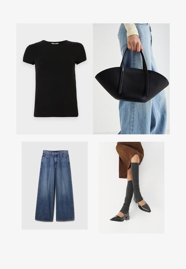 Mornarsko modra puhovka s kapuco, s sprednjim zadrgo, prekomernim dizajnom in pikastim vzorcem. Rob sega do višine srednje teleta.; Svjetlosiva zip-up dukserica s kapuljačom, s uzorcima u preklopnom pletenju, rebrastim rubovima i manžetama, te glatkom teksturom. Savršena za slojevito nošenje.; Črna kratkotrajna majica s kratkimi rokavi in okroglo izrezano ovratnikom, narejena iz gladkega bombažnega materiala, s preprostim dizajnom in brez vidnih vzorcev ali dodatkov.; Široke jeans hlače iz modrega denima z bledečim finišem, z gumbom in zadrgo, petimi žepi in zanko za pas.; Črne lakirane čevlje s pointy prsti in blok peto ter z naramnicami za gleženj, ki jih kombiniramo s sivimi rebrastimi nogavicami in rjavim suknjičem iz usnja.; Črna usnjena torbica z edinstveno obliko ventilatorja, z ravnimi ročaji. Površina ima teksturo z drobnimi kamni in minimalističen dizajn.