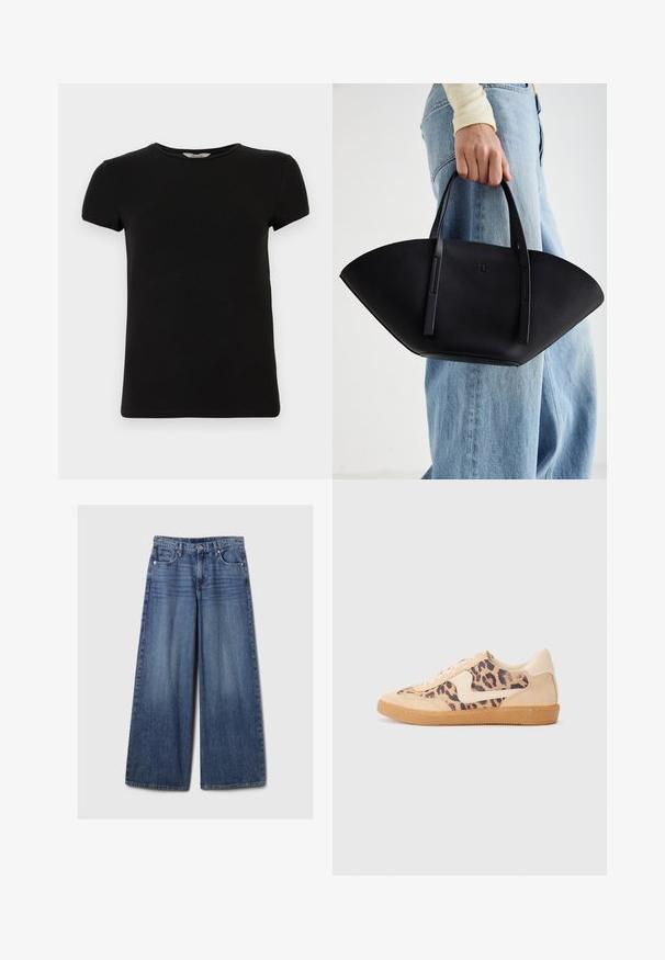 Jūras zilas puffer jakas ar kapuci, ar priekšējo rāvējslēdzēju, pārāk lielu dizainu un kvilts tekstūru. Apakšmalu sasniedz līdz pusceļam.; Gai pelēks kapuce džemperis ar rāvējslēdzēju, ar kabelveida adījuma rakstiem, ribotu apakšmalu un piedurknēm, kā arī gludu tekstūru. Ideāli piemērots slāņošanai.; Melna īsām piedurknēm T-kreklā ar apaļu kakla izgriezumu, izgatavota no gludas kokvilnas auduma, ar vienkāršu dizainu un bez redzamām rakstām vai akcentiem.; Platām kājām zila denima bikses ar izbalējušu apdari, ar pogu un rāvējslēdzēju, pieciem kabatām un jostu cilpām.; Leoparda drukas kedas ar beidzējo zamša virsu, brūnu gumijas zoli un baltām akcenta detaļām. Apļveida purngals un auklu aizdare ar strukturētu virsmu.; Melnas ādas rokassoma ar unikālu ventilatora formu, aprīkota ar plakaniem rokturiem. Virsma ir ar graudainu faktūru un minimālistisku dizainu.