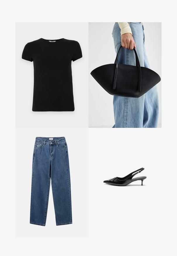 Merinen sininen pöyheä takki hupulla, jossa on edessä vetoketju, ylisuurta suunnittelua ja tikattu pinta. Helma ulottuu puoliväliin vasikkaa.; Vaaleanharmaa vetoketjullinen huppari, jossa on huppu, kaapelikudottuja kuvioita, resorit helmassa ja hihoissa sekä sileä pinta. Täydellinen kerrospukeutumiseen.; Musta lyhythihainen t-paita, jossa on pyöreä kaula-aukko, valmistettu sileästä puuvillakankaasta. T-paidassa on yksinkertainen muotoilu, eikä siinä ole näkyviä kuvioita tai yksityiskohtia.; Classiset siniset farkut suoran lahkeen muotoilulla, viidellä taskulla ja napillakaan. Ominaisuudet: keskivahva pesu ja kestävä rakenne.; Mustat nahkaiset slingback-korkokengät, joissa on terävä kärki, pieni kitten-korko ja koristeellinen solki edessä. Yksinkertainen pinta kauttaaltaan.; Musta nahkainen käsilaukku, jossa on ainutlaatuinen tuulihattukuvio, jossa on litteät kahvat. Pinnassa on karkeapintainen rakenne ja minimalistinen muotoilu.